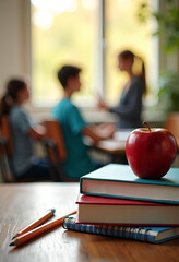 School background: desk, textbooks, apple against the background of students in the classroom