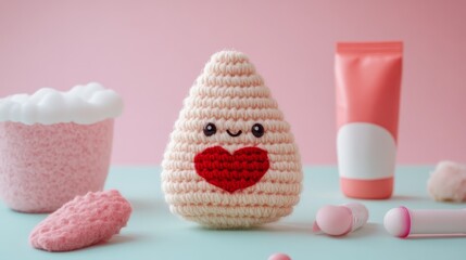 108.Artistic composition featuring a crochet blood drop with a cute expression, arranged with a sanitary pad and tampon on a pastel-colored surface, offering a positive and comforting representation