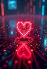 Red neon heart shape on digital background