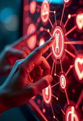 Futuristic digital interface with a glowing red  icon at the center