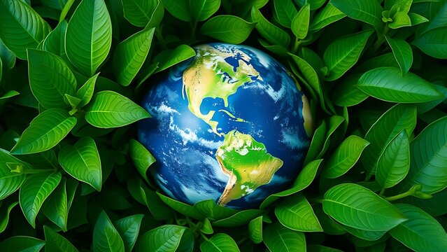 Earth globe surrounded by lush green leaves, symbolizing environmental awareness under natural ambient light. - Powered by Adobe