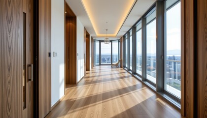a penthouse hallway with engineered oak planks layered with protective coatings, elegant yet durable, adding warmth and strength to a modern luxury walkway.