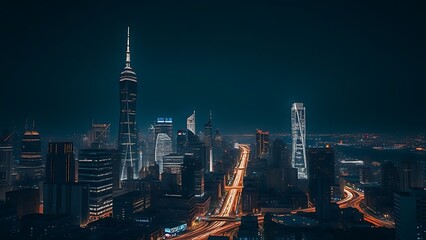 Fototapeta premium Nighttime urban landscape with illuminated skyscrapers and light trails, creating a dynamic city atmosphere.
