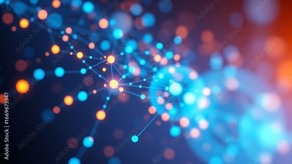 Wall mural abstract network of glowing nodes and connections in blue and orange floating in space.