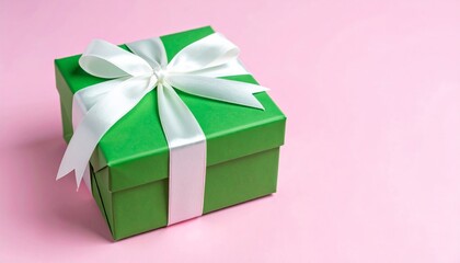 Fototapeta premium A wrapped pink gift box with a green ribbon and bow, perfect for a celebration