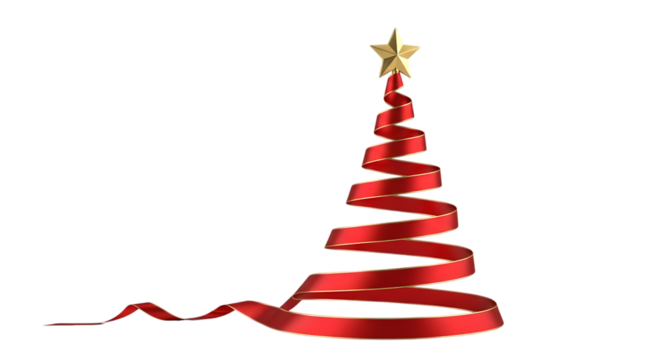 Red ribbon Christmas tree with gold star isolated on a transparent background
