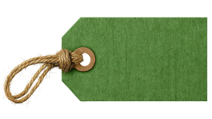 Green price tag with string — blank paper label isolated on transparent background, high-resolution PNG cutout for retail pricing, gift tags, packaging and branding mockups, e-commerce product