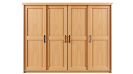 Four-Door Oak Wardrobe with Sliding Doors and Black Handles on Transparent Background