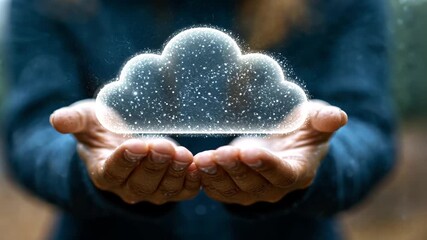 Person's cupped hands cradle shimmering translucent cloud icon with digital particles for showing secure cloud computing global network connections digital innovation concept - Powered by Adobe