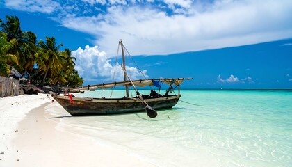 Obraz premium Tropical Beach Boat Scene, Zanzibar Coast