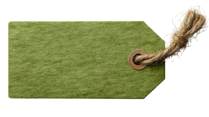 Green price tag with string — blank paper label isolated on transparent background, high-resolution PNG cutout for retail pricing, gift tags, packaging and branding mockups, e-commerce product