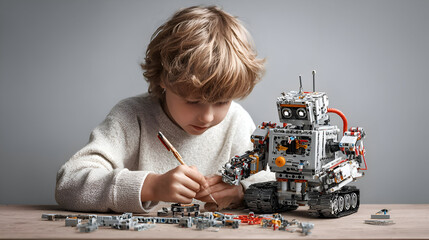 Young boy carefully assembling robot model, inspiring creativity, STEM learning, and innovative future technology concepts