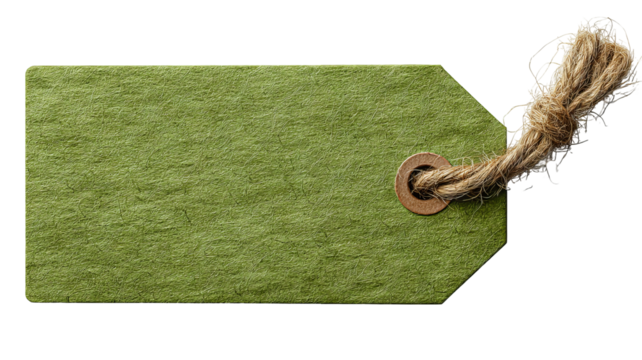 Green price tag with string — blank paper label isolated on transparent background, high-resolution PNG cutout for retail pricing, gift tags, packaging and branding mockups, e-commerce product