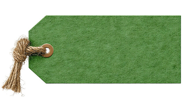 Green price tag with string — blank paper label isolated on transparent background, high-resolution PNG cutout for retail pricing, gift tags, packaging and branding mockups, e-commerce product