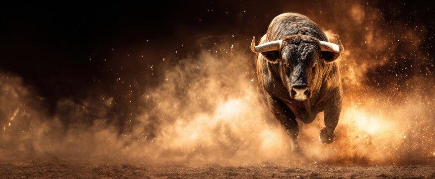The bull charging through dramatic dust cloud with warm cinematic lighting