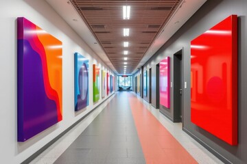 a corporate passage mixing bold signage colors against white and gray walls, creating clear visual hierarchy and balance between bright and muted tones.