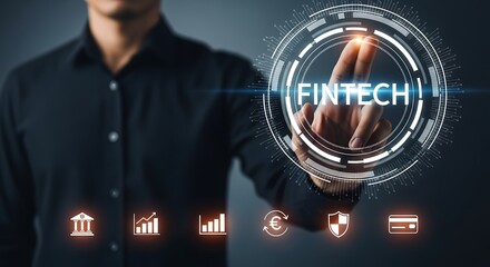 Person touching fintech interface with financial icons