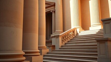 Fototapeta premium Architectural detail of neoclassical columns and stone staircase, reflecting classical symmetry.
