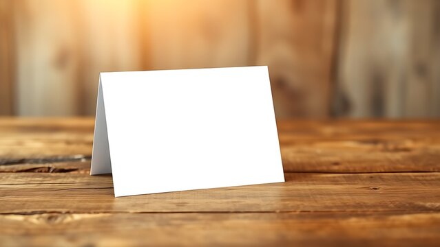 Blank greeting card resting on a rustic wooden surface with warm ambient light.