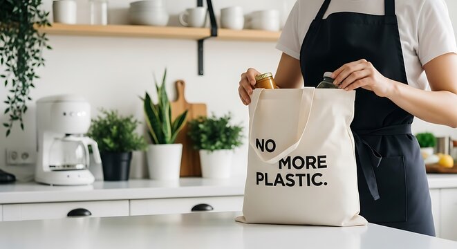 Person placing items in reusable bag grocery bag canvas bag