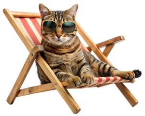 A relaxed tabby cat wearing sunglasses lounges in a wooden deck chair , isolated  on a white Background ,PNG.AI .Generated.