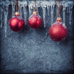 Christmas and New Year decorations on a gray background, icicles and toys, and a winter background.