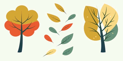 Two autumn trees with colorful foliage and falling leaves in an illustrative style design scene