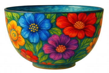 Handcrafted ceramic bowl displaying colorful botanical pattern, sitting on clean white surface, highlighting decorative culinary ceramic with artistic floral motif