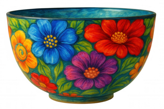 Handcrafted ceramic bowl displaying colorful botanical pattern, sitting on clean white surface, highlighting decorative culinary ceramic with artistic floral motif