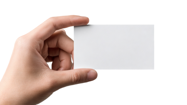 Hand holding blank white paper card — high-resolution isolated object with soft shadow — transparent background PNG-style cutout for mockups, branding, packaging, price tags, stickers and flyers
