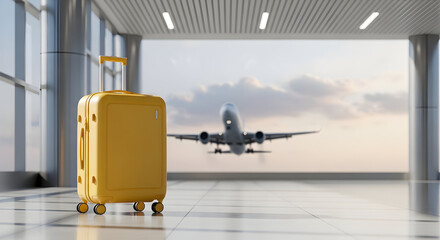 Yellow suitcase and plane taking off at an airport terminal with modern design and natural