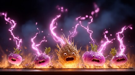 Electric vegetables in a fiery showdown fantasy garden digital art dramatic lighting close-up creative expression