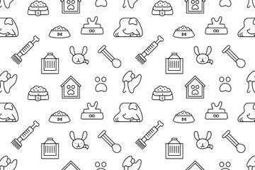 Seamless pet care pattern background with dog food bowl house and grooming supplies vector illustration