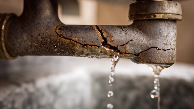 Close-up view of water leaking from a cracked pipe