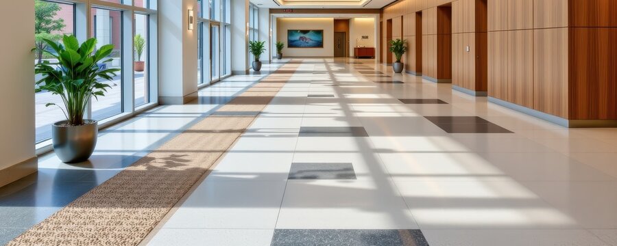 a municipal office lobby floor with subtle linear designs and textured safety zones, balancing aesthetics and clear safe movement for visitors.