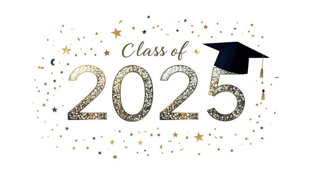 Class of 2025 text with graduation cap and golden glitter, celebratory academic concept, isolated on white background