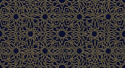 Intricate Golden Geometric Star Pattern on Dark Blue Background, Islamic Art Inspired Design