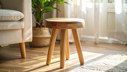 Cozy interior scene with a small round wooden stool on a sunlit floor, sheer curtains, a beige chair, and a leafy potted plant in a warm, natural setting.