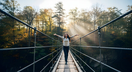 Fototapeta premium Woman embracing freedom on a suspended bridge amidst a serene forest landscape during sunrise