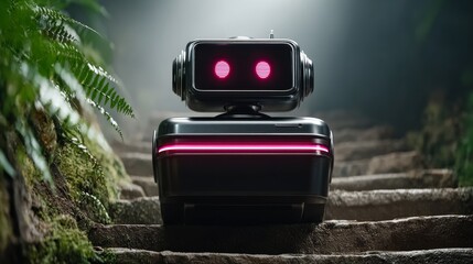 Robot exploring ancient steps lush forest digital art atmospheric creative concept