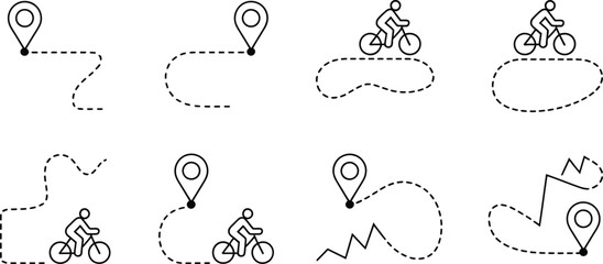 Bicycle route planning vector illustration with gps pin and dashed line for navigation apps use