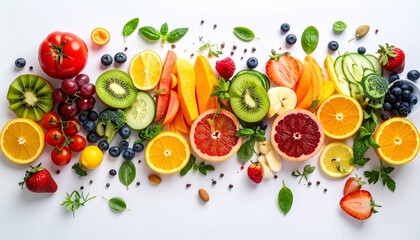 Colorful arrangement of fresh fruits and vegetables on white background emphasizing healthy eating and natural textures.