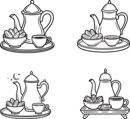 Tea and coffee cup set with teapot illustration