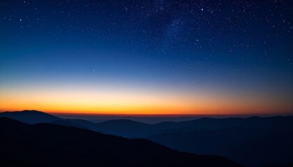Twilight mountain landscape with silhouetted ridges and starry sky transitioning to vibrant sunrise hues.