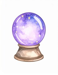 Watercolor Crystal Ball with Purple Nebula and Stars on a Pedestal Isolated