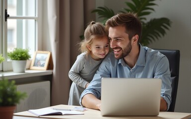 A happy remote worker is having online meeting with employers while taking care of his daughter. High quality