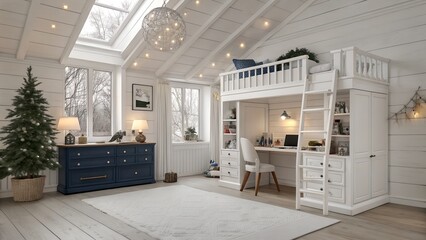 White minimalist luxury classic European child bedroom with silver bell garland and loft bed over study desk for US homes