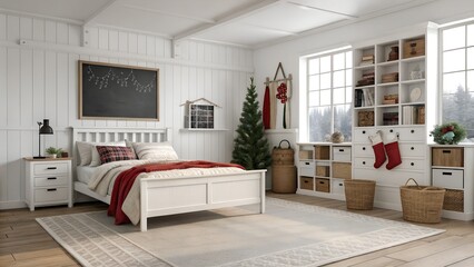 Fototapeta premium Photoreal Florida coastal kids room in modern design featuring north-facing daylight and pearl white and cinnamon red palette