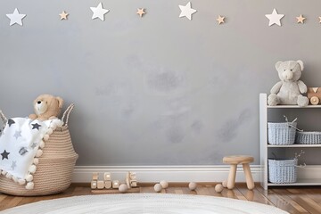 Stylish scandinavian newborn baby room with toys, children's chair, natural basket with teddy bear and small shelf. Modern interior with grey background walls, wooden parquet and stars pattern. 