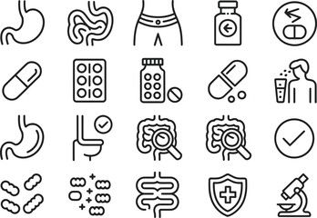Digestive health and gut health concept with icons of stomach intestines and probiotics for wellness help